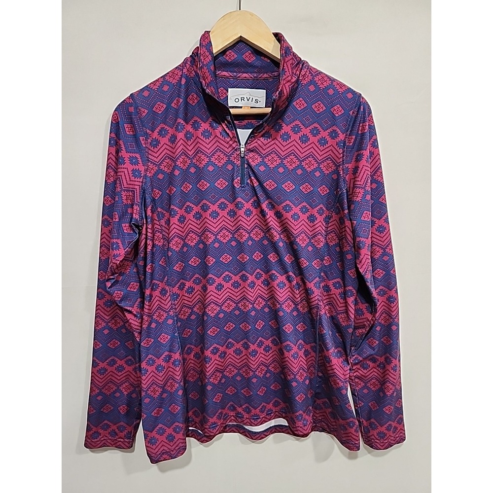 Orvis Osprey Womens Size M Geo Print Blue/Burgundy, Long Sleeve 1/4 Zip Pullover